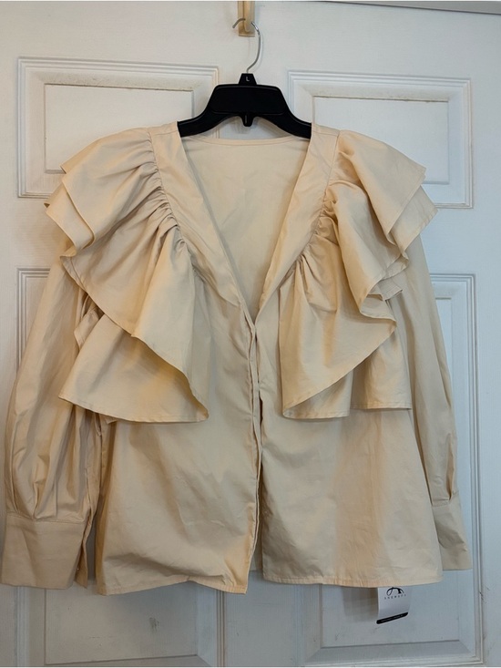 Anewsta Tops - Cream Ruffle-Front Blouse - Women